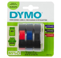 DYMO Authentic Embossing Labels | 9mm x 3m | BlackBlue & Red Self-Adhesive Labelling Tape | for Embossing Label Makers | 3 Count | Made in Europe