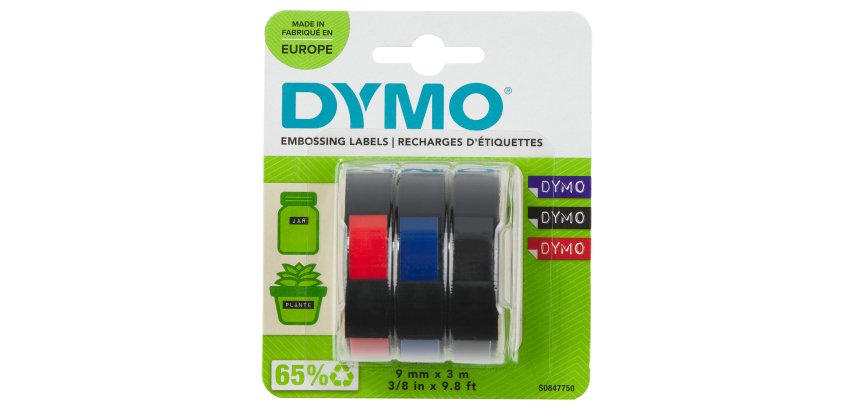 DYMO Authentic Embossing Labels | 9mm x 3m | BlackBlue & Red Self-Adhesive Labelling Tape | for Embossing Label Makers | 3 Count | Made in Europe