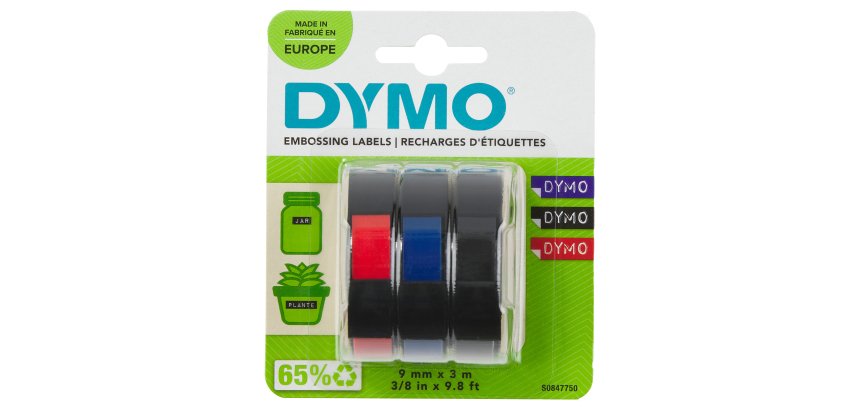 DYMO Authentic Embossing Labels | 9mm x 3m | BlackBlue & Red Self-Adhesive Labelling Tape | for Embossing Label Makers | 3 Count | Made in Europe