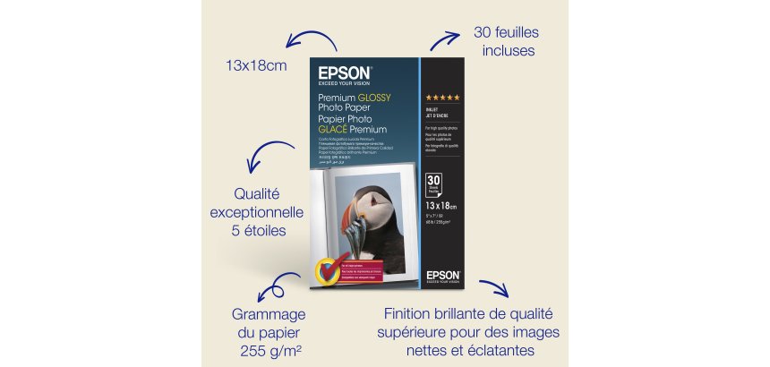 Epson Papier photo brillant Premium (130 x 180 mm), 255 g/m2, 30 feuilles