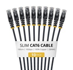 StarTech.com 1m Black Slim CAT6 Cable, 10 Pack, Snagless, 100W PoE, UTP, LSZH, 28AWG Pure Bare Copper Wire, Slim RJ45 Network Patch Cord w/Strain Reliefs, Individually Tested