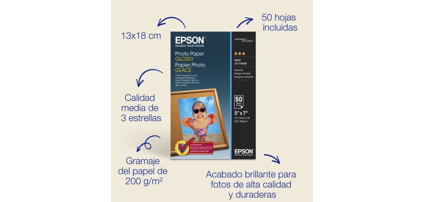 Epson Papel fotográfico brillante de (130 × 180 mm), 200 g/m2, 50 hojas