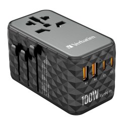 Verbatim UTA-06 GaN III Universal Travel Adapter with 2 USB-C PD 100W and QC 4+ ports and 2 USB-A QC 3.0 ports