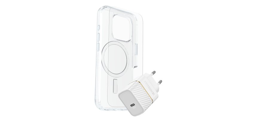 OtterBox Symmetry Series Clear for MagSafe + Premium Glass + Fast Charge Wall Charger USB-C 30W Type C voor Apple iPhone 16 Pro