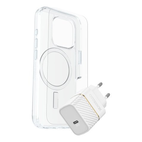 OtterBox Symmetry Series Clear for MagSafe + Premium Glass + Fast Charge Wall Charger USB-C 30W Type C para Apple iPhone 16 Pro