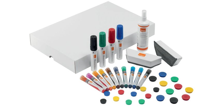 Kit d'accesoires tableau blanc esselte 10 marqueurs 10 aimants 32mm 2 effaceurs 1    spray nettoyage