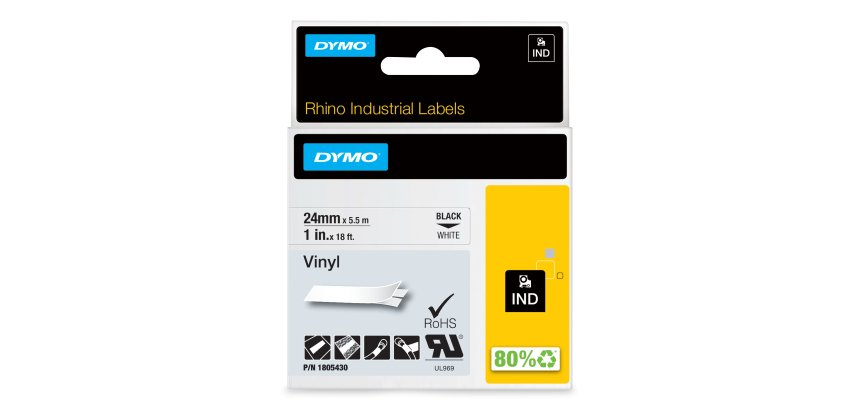 DYMO Rhino Industrial Vinyl Labels | 24 mm x 5.5m | Black Print on White | Self-Adhesive | for LabelManager & Rhino Label Makers