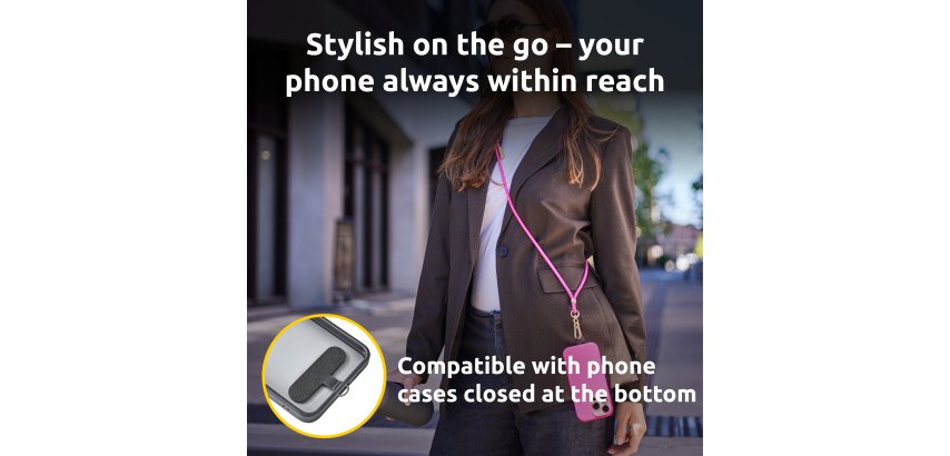 Intenso USB-C Charging Lanyard – Phone Necklace Cable, 60W Fast Charging, Adjustable Length, 1.65 m Nylon, USB-C to USB-C, neon pink