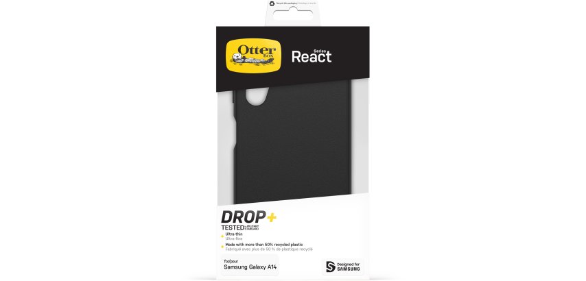 OtterBox React Série Coque pour Galaxy A14, Antichoc, anti-chute, ultra-mince, protection fine, testé selon les normes militaires, Antimicrobien, Noir