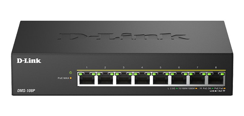D-Link DMS-108P/E commutateur réseau Non-géré 2.5G Ethernet (100/1000/2500) Connexion Ethernet, supportant l'alimentation via ce port (PoE) Noir
