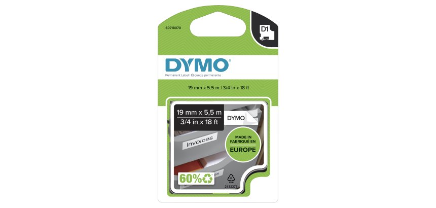 DYMO D1 High-Performance Permanent Polyester Labels | 19 mm x 5.5m Roll | Black Print on White | Self-Adhesive Labels for LabelManager Label Printers | Authentic