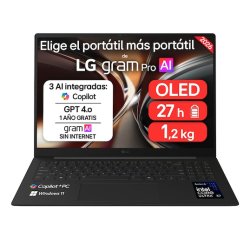 LG Gram Pro 16Z90U 16" Copilot+ PC Intel Core Ultra X7 358H Portátil 40,6 cm (16") WQXGA+ 32 GB LPDDR5x-SDRAM 512 GB SSD Windows 11 Home Negro, Carbono Español