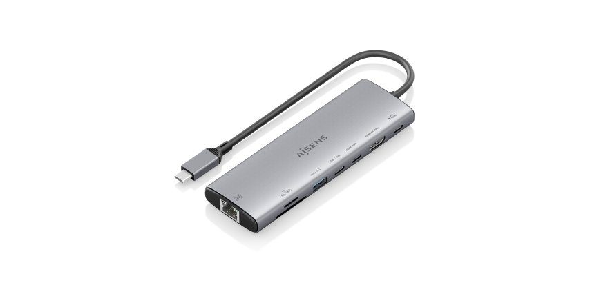 AISENS USB-C Dock 8 en 1, USB-C a 1xHDMI, 1xRJ45, 1xUSB-A 10G, 2xUSB-C 10G, 1xSD, 1xMicroSD, 1xUSB-C PD 100W, Gris, 20cm