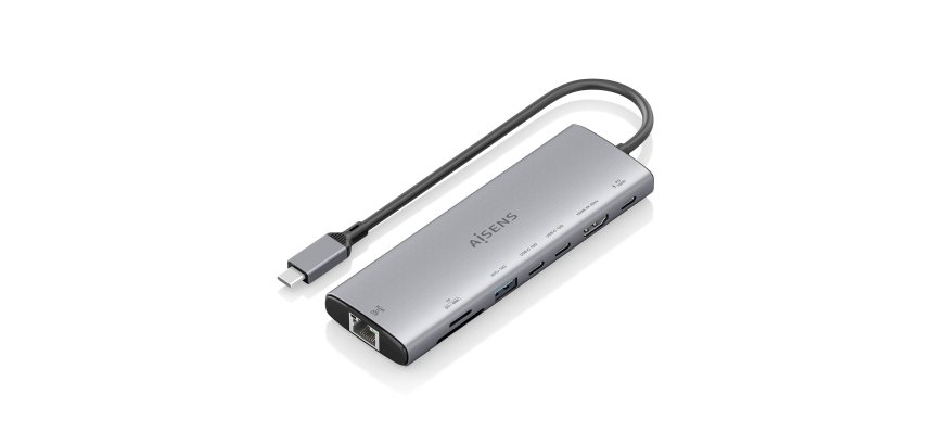 AISENS USB-C Dock 8 en 1, USB-C a 1xHDMI, 1xRJ45, 1xUSB-A 10G, 2xUSB-C 10G, 1xSD, 1xMicroSD, 1xUSB-C PD 100W, Gris, 20cm