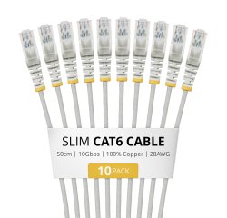 StarTech.com 50cm Gray Slim CAT6 Cable, 10 Pack, Snagless, 100W PoE, UTP, LSZH, 28AWG Pure Bare Copper Wire, Slim RJ45 Network Patch Cord w/Strain Reliefs, Individually Tested