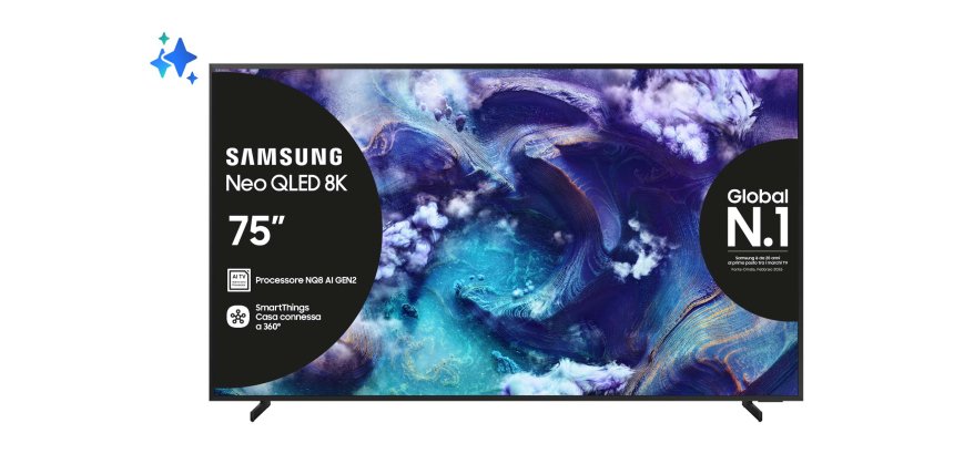 Samsung Neo QLED AI TV 75" QE75QN900FTXZT 8K Mini LED, Processore NQ8 AI Gen2, 8K AI Upscaling, Glare Free, Neo Quantum HDR 8K Pro, Dolby Atmos & OTS+, Metal Frame Design, Vision AI Smart TV, 2025
