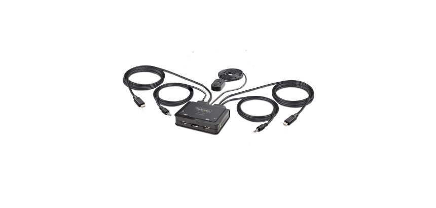 StarTech.com Switch KVM à Câble Hybride USB-C DisplayPort à 2 Ports, 4K 60Hz - Commutateur KVM avec Câbles hôtes intégrés USB-C/DisplayPort/Audio de 1,2m - Switch KVM USB-C Alimenté par Bus, Commutation à distance