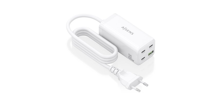 AISENS Cargador Sobremesa GaN 100W, 3x USB-C PD3.0 QC4.0 QC5.0, 1x USB-A QC3.0, Blanco