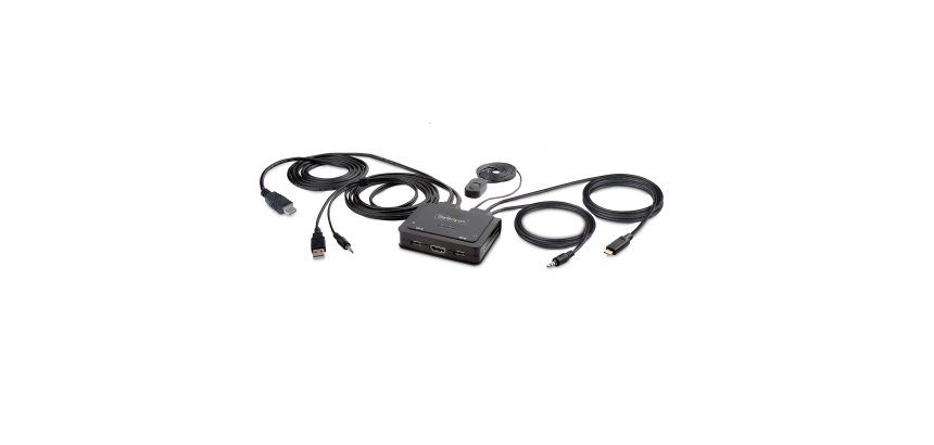 StarTech.com Switch KVM Hybride USB-C à 2 Ports, 4K60Hz - Commutateur KVM avec Câbles Hôtes Intégrés USB-A/HDMI/Audio de 1,8m et USB-C de 1,2m - Switch KVM USB-C Alimenté par Bus - Commutation à distance