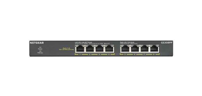 NETGEAR GS308PP Non-géré Gigabit Ethernet (10/100/1000) Connexion Ethernet, supportant l'alimentation via ce port (PoE) Noir