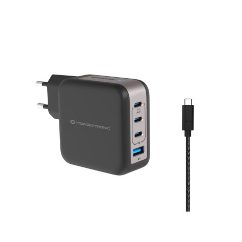 Conceptronic 4-Port 100W GaN USB PD Charger with USB-C Charging Cable, USB-C x 3, USB-A x 1, QC 3.0, PPS