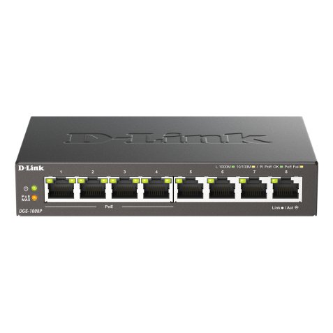 D-Link DGS-1008P/E commutateur réseau Non-géré L2 Gigabit Ethernet (10/100/1000) Connexion Ethernet, supportant l'alimentation via ce port (PoE) Bureau Noir