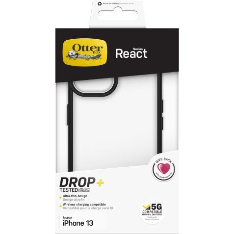 OtterBox Funda para iPhone 13 React,resistente a golpes y caídas,Ultra-fina, Protectora,Testada con los estándares Militares anticaídas, Black Crystal