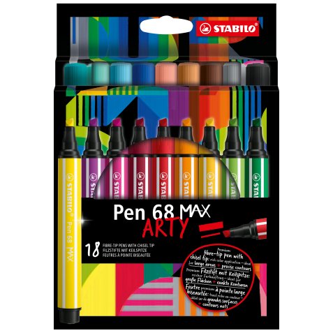 Etui carton de 18 feutres Pen 68 MAX ARTY. Pointe large biseautée. Coloris assortis