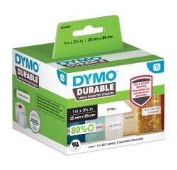 DYMO LabelWriter Etichette durevoli originali | 25mm x 89mm | Poliestere bianco | 2 rotoli da 350 (700 etichette autoadesive) | Alte prestazioni | Per stampanti di etichette LabelWriter