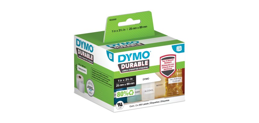 DYMO LabelWriter Etichette durevoli originali | 25mm x 89mm | Poliestere bianco | 2 rotoli da 350 (700 etichette autoadesive) | Alte prestazioni | Per stampanti di etichette LabelWriter