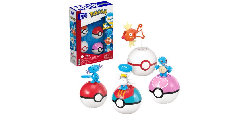MEGA Pokémon Water-Type Trainer Team Building Toy Kits with 2 Action Figures (79 Pieces) for Kids