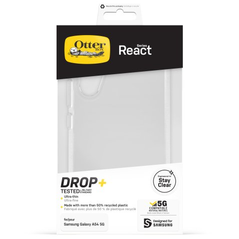 OtterBox React Série Coque pour Galaxy A54 5G, Antichoc, anti-chute, ultra-mince, protection fine, testé selon les normes militaires, Antimicrobien, Clear