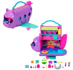Polly Pocket Kitty Airways Playset with 2 Micro Dolls and Pet, Airplane Travel Toy with Accessories