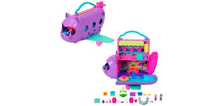 Polly Pocket Kitty Airways Playset with 2 Micro Dolls and Pet, Airplane Travel Toy with Accessories