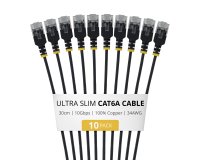 StarTech.com Câble Ethernet Cat6A Noir Ultra-Fin de 30cm, Lot de 10, UTP, Fil de Cuivre Nu Pur, Câble Patch Réseau RJ45 Ultra-Fin 34 AWG, Testé Individuellement