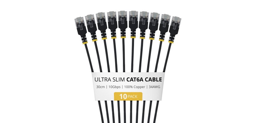 StarTech.com Câble Ethernet Cat6A Noir Ultra-Fin de 30cm, Lot de 10, UTP, Fil de Cuivre Nu Pur, Câble Patch Réseau RJ45 Ultra-Fin 34 AWG, Testé Individuellement