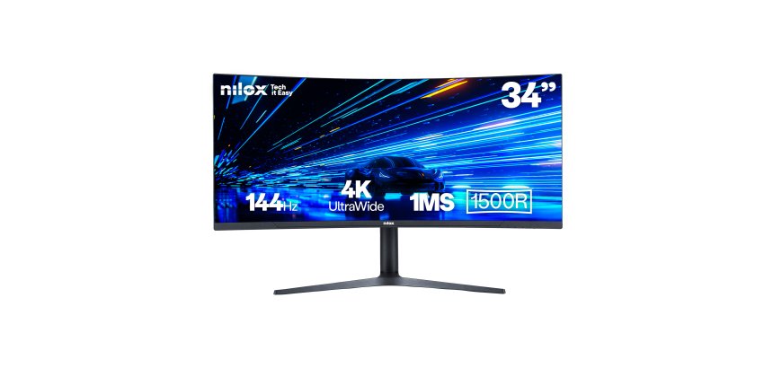 Nilox MONITOR 34" NXM344KD11 ULTRAWIDE 4K CURVO 144HZ 2HDMI 2DP 1MS MMDIA pantalla para PC 86,4 cm (34") 3440 x 1440 Pixeles UltraWide Quad HD LED Negro
