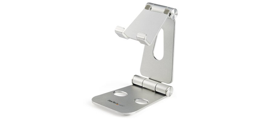 StarTech.com Phone and Tablet Stand - Foldable Universal Mobile Device Holder for Smartphones & Tablets - Adjustable Multi-Angle Ergonomic Cell Phone Stand for Desk - Portable - Silver
