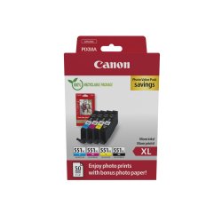 Canon CLI-551 XL Pack cartouche de 4 couleurs haute capacité pour imprimante jet d'encre + 1 paquet de papier photo 10 x 15 cm