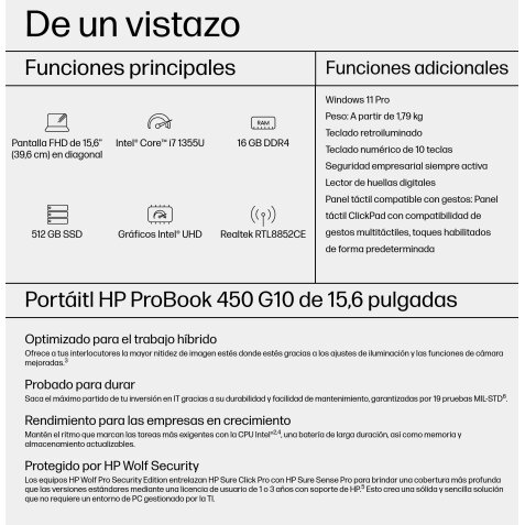 HP ProBook 450 G10 Intel® Core™ i7 i7-1355U Portátil 39,6 cm (15.6") Full HD 16 GB DDR4-SDRAM 512 GB SSD Wi-Fi 6E (802.11ax) Windows 11 Pro Plata