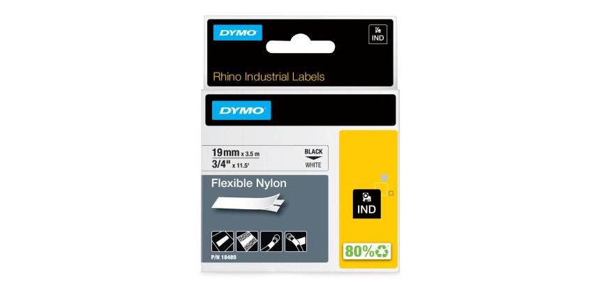 DYMO Rhino Industrial Flexible Nylon Labels | 19 mm x 3.5 m | Black Print on White | Self-Adhesive | for Rhino & LabelManager Label Makers