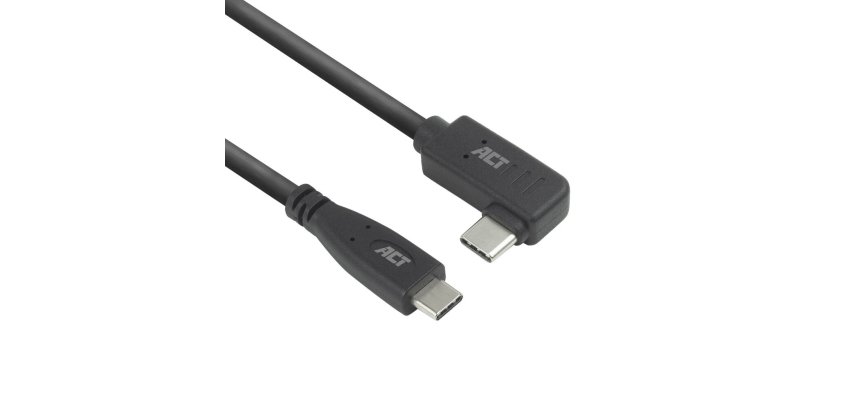 ACT USB 3.0 10Gbps 60W USB Type-C (recht) naar USB Type-C (haaks links/rechts) kabel, 2 meter