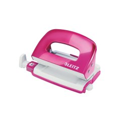 Perforateur mini esselte boîte métal socle antidérapant 2 trous réglette guidage écartement standard 8cm rose métallique