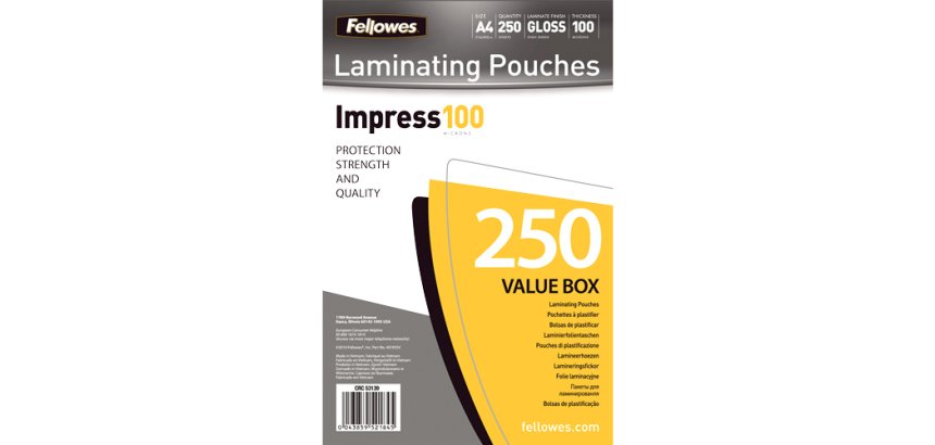 Pochettes de plastification Fellowes A4 100 µ brillantes - Boîte de 250