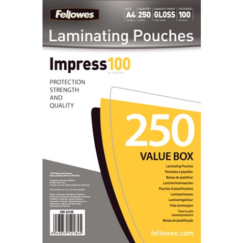 Pochettes de plastification Fellowes A4 100 µ brillantes - Boîte de 250