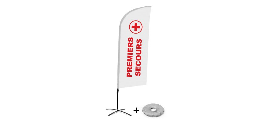 Komplett-Set Beach Flag Alu Wind Premiers Secours Französisch mit kreuzförmigem Fuß