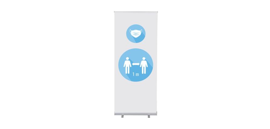 Set Completo Roll-Banner Económica 85 Mascarilla y Distancia 1 Metro Blanco