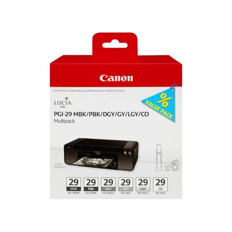 Canon PGI-29 MBK/PBK/DGY/GY/LGY/CO Multipack - 6er-Pack - Grau, Hellgrau, Dunkelgrau, mattschwarz, Photo schwarz, Chroma-Optimierer - original - Tintenbehälter