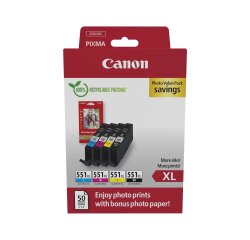 Canon CLI-551 XL High-Capacity Pack of 4 Color Ink Cartridges for Inkjet Printer + 1 Pack of 10 x 15 cm Photo Paper