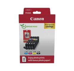 Canon CLI526 4-Color Ink Cartridge Pack for Inkjet Printer + 1 Pack of 10 x 15 cm Photo Paper